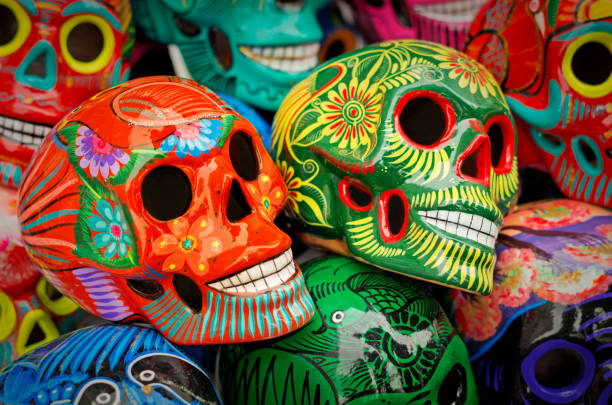 Decorated colorful skulls at market, day of dead, Mexico Decorated colorful skulls, ceramics death symbol at market, day of dead, Mexico mexican day of the dead stock pictures, royalty-free photos & images