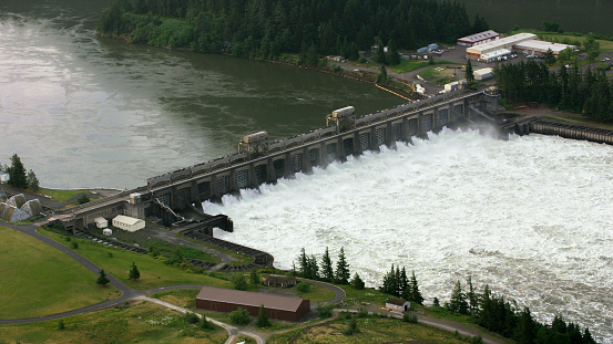 Aerial shot of Bonneville Dam on Columbia River in Oregon, Washington in USA.