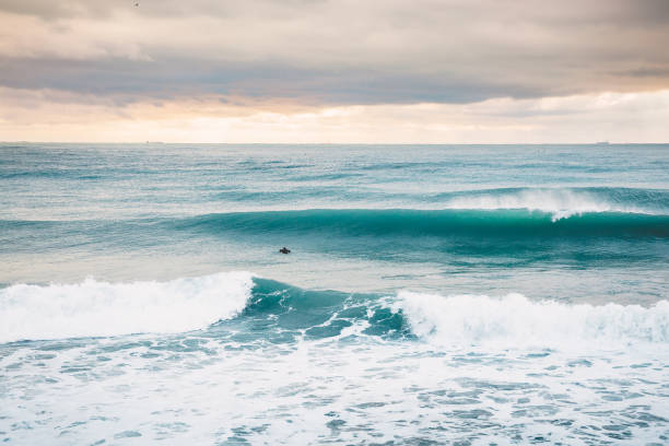 istock Perfect big breaking Ocean barrel wave and alone surfer 901169900