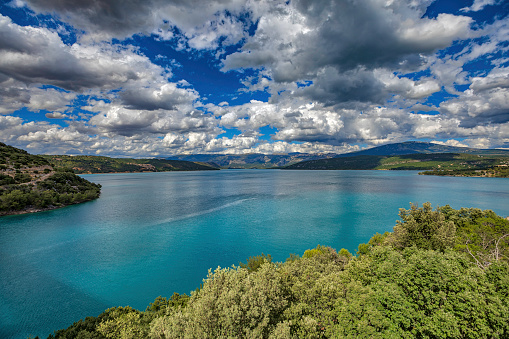 panoramic view of Gorges Du Verdon river canyon with mountains, Provence