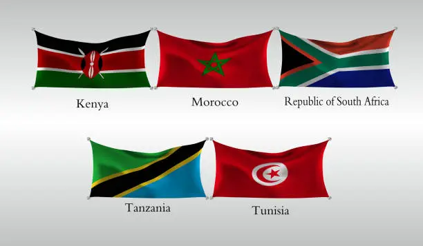 Vector illustration of Set Flags of Countries in Africa. Waving flag of Kenia, Morocco, Republic of South Africa, Tanzania, Tunisia. Vector illustration