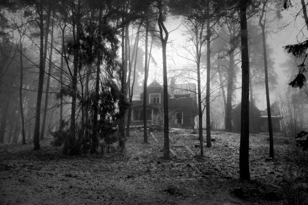 abandoned house in fog stock photo