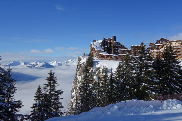 The ski resort of Avoriaz perched high on the cliffs in the French Alps.