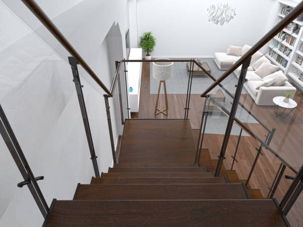 istock Large living room interior with staircase 901179082