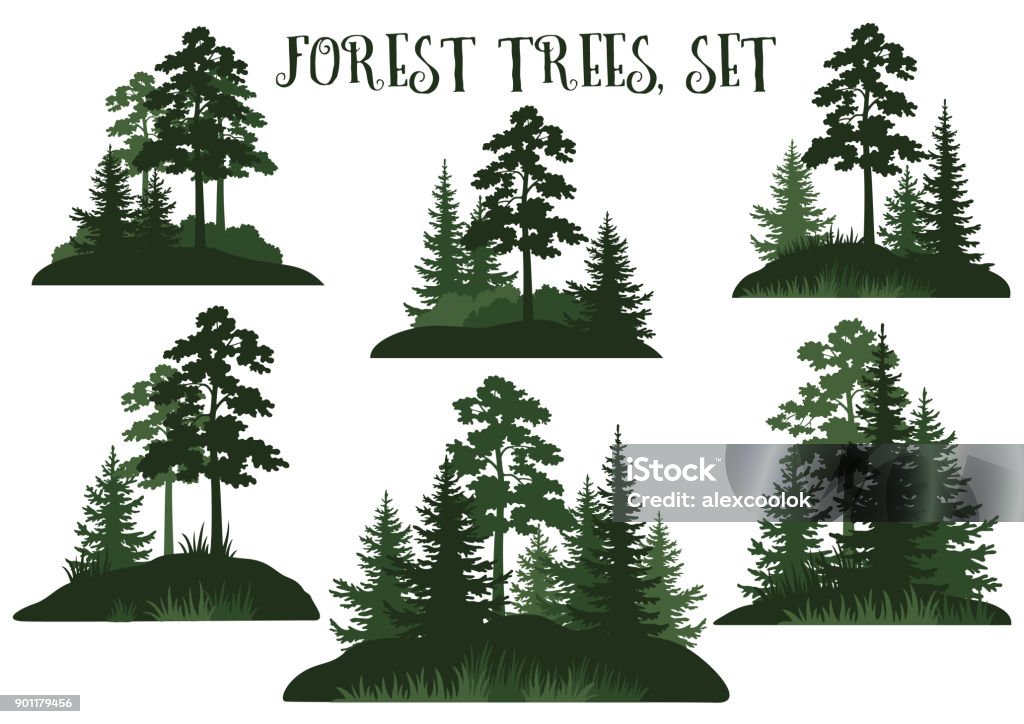 Landscapes with Trees Silhouettes Set Landscapes, Isolated on White Background Green Silhouettes Coniferous and Deciduous Trees and Grass. Vector. Forest stock vector