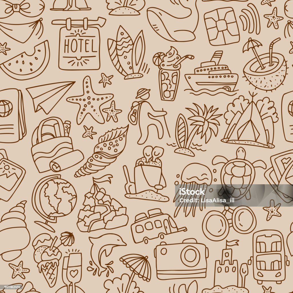 Ilustración de Viajes Y Verano Sin Fisuras Patrón Viaje Y Viaje De Fondo Patrón De Tiempo De Aventura En Mano Dibujar Estilo Vector Elementos De Dibujo En El Patrón De Repetición y Ilustración de Viajes Y Verano Sin Fisuras Patrón Viaje Y Viaje De Fondo Patrón De Tiempo De Aventura En Mano Dibujar Estilo Vector Elementos De Dibujo En El Patrón De Repetición y