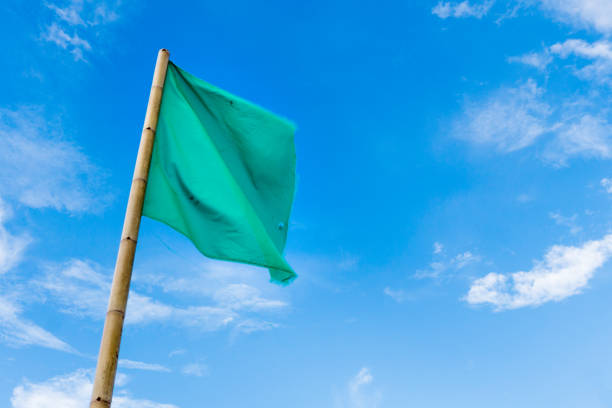 istock Green Flag start sign against blue sky with clouds 901191622