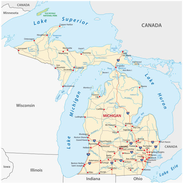 ilustraciones, im�ágenes clip art, dibujos animados e iconos de stock de mapa del vector michigan road - michigan