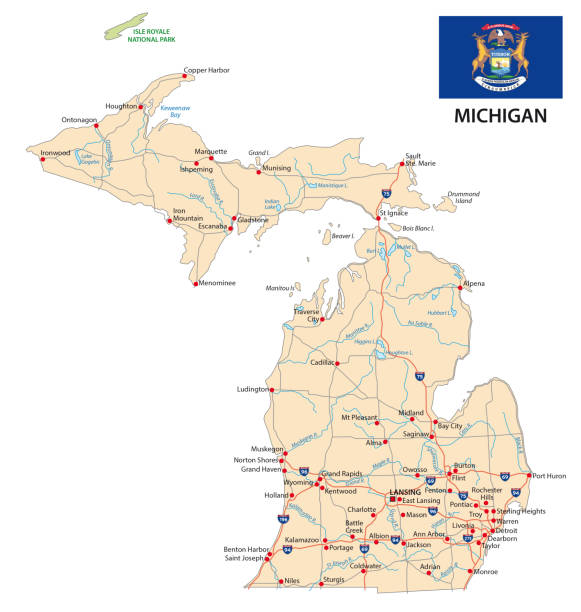 mapa drogowa michigan z flagą - michigan stock illustrations