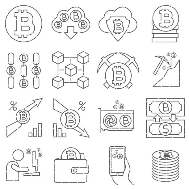 bitcoin mining dünne linie-icon-set. blockchain, cryptocyrrency piktogramm-sammlung - wine rack illustrations stock-grafiken, -clipart, -cartoons und -symbole