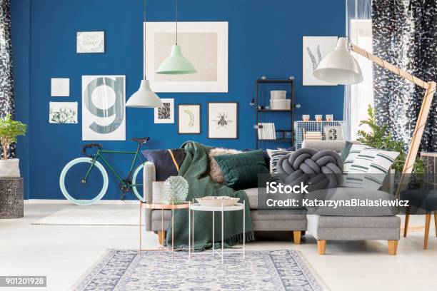 Living Room With Oversize Lamp Stock Photo - Download Image Now - Domestic Room, Navy Blue, Apartment