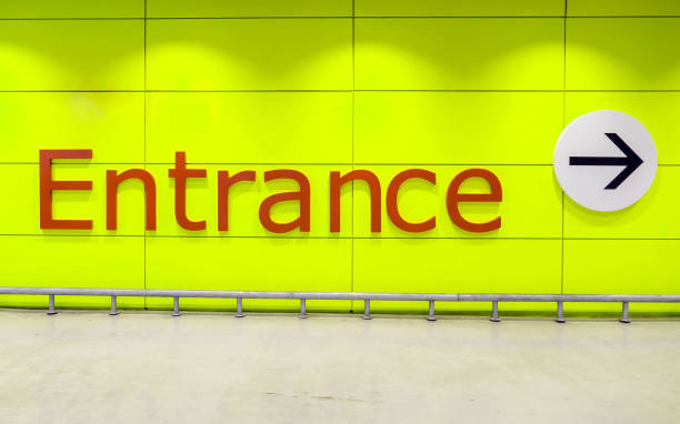 istock “Entrance” Text message on Yellow wall And the entry arrow 901207454