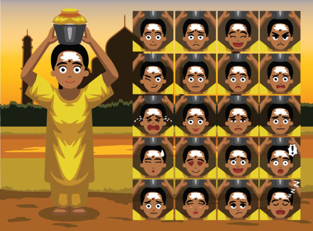 ilustrações de stock, clip art, desenhos animados e ícones de thaipusam tamil woman cartoon emotion faces vector illustration - thaipusam kavadi