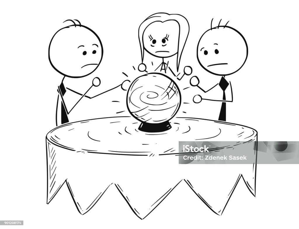 Conceptual Cartoon of Business People Predict Future from the Crystal Ball Cartoon stick man concept drawing illustration of business people predict fortune telling market future from the crystal ball. Planning stock vector