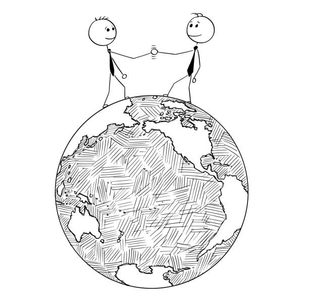 Conceptual Cartoon of International Business Cooperation Cartoon stick man drawing conceptual illustration of two international businessmen shaking hands while standing on the Earth world globe. Concept of US or America and Russia or Asia cooperation. funny contract stock illustrations
