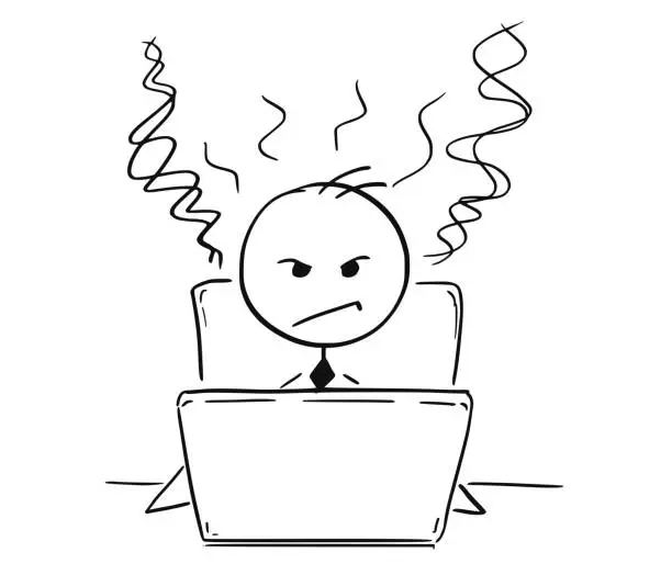 Vector illustration of Conceptual Cartoon of Tired Angry Business Man Working on Computer