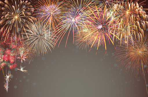 Multicolor Firework Celebration over the working space for text on transparent background, Greeting and card celebration concept