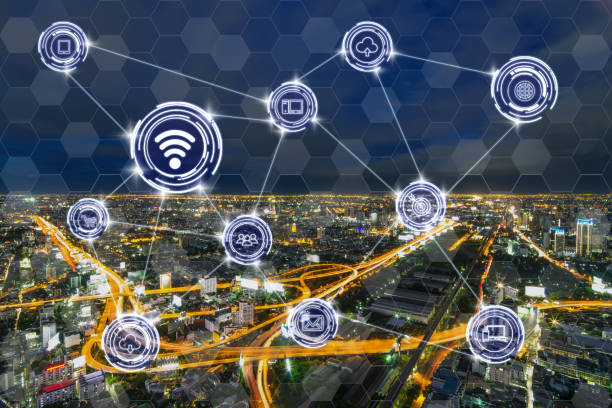 istock Wireless communication connecting of smart city Internet of Things Technology over the Expressways with bangkok cityscape at twilight time background, technology business IOT concept 901215714