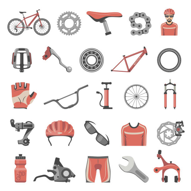 ilustraciones, imágenes clip art, dibujos animados e iconos de stock de iconos de planos - piezas de la bicicleta - bicycle chain bicycle gear chain gear