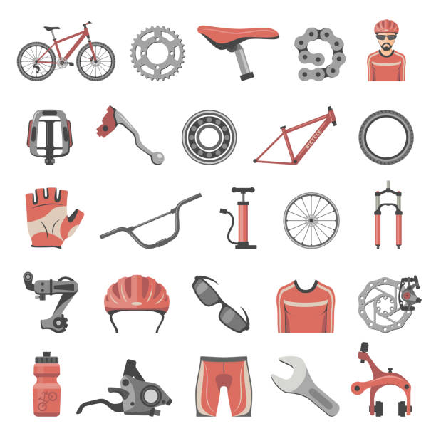 ilustrações, clipart, desenhos animados e ícones de plano de ícones - peças de bicicletas - bicycle chain bicycle gear chain gear