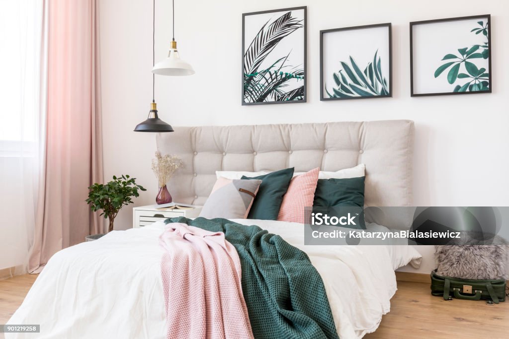 Gallery of posters in bedroom Black and white lamp above bed with pink and green blanket against wall with gallery of leaves posters in sophisticated bedroom Apartment Stock Photo