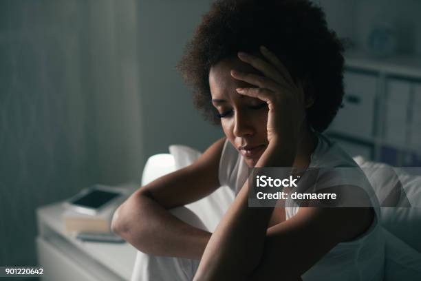Sad Woman Suffering From Insomnia Stock Photo - Download Image Now - Insomnia, One Woman Only, Sleeping