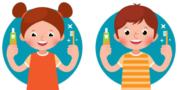Cartoon vector illustration children girl and boy holding in his hand a toothpaste and a toothbrush Cartoon vector illustration children girl and boy holding in his hand a toothpaste and a toothbrush teeth clipart stock illustrations