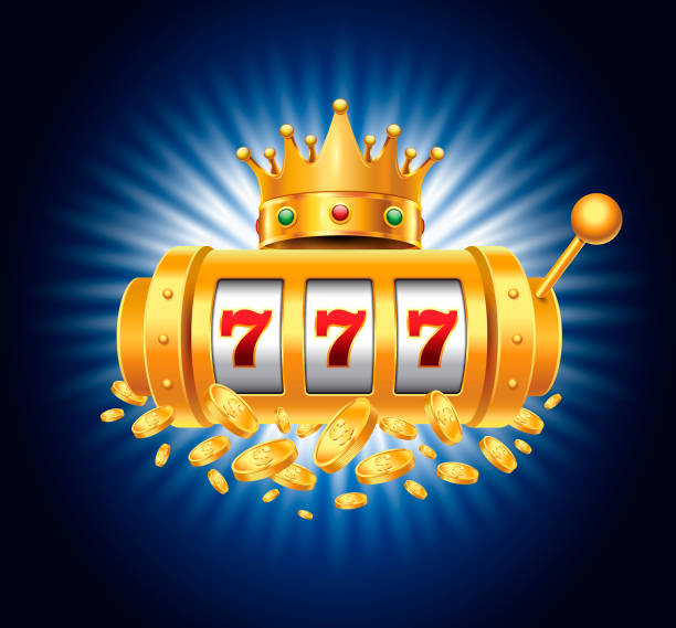 Casino Vector Banner with Slot Machine, Royalty Crown and Falling Coins on the Blue Background