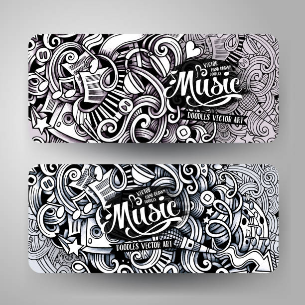 Graphics vector hand drawn sketchy trace Music Doodle banners Graphics vector hand drawn sketchy trace Music Doodle horizontal banner. Design templates set microphone borders stock illustrations