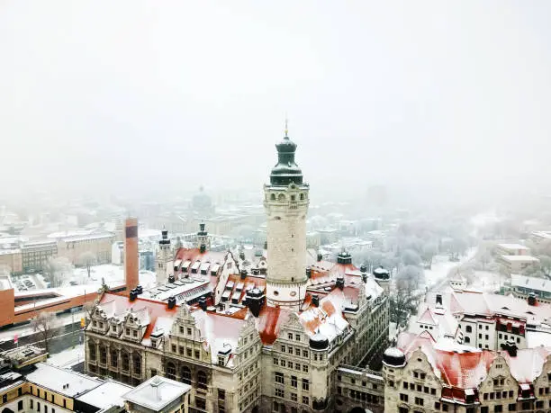 Aerial View Of Town Hall In Leipzig, Germany shot with drone in winter