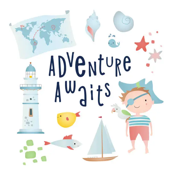 Vector illustration of Set of cartoon elements: pirate, lighthouse, map, shell. Time of adventure. Holiday card design.