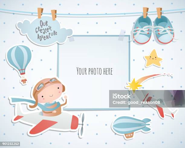Holiday Card Design With Balloon And Plane Baby Shower Paper Scrapbook Stock Illustration - Download Image Now