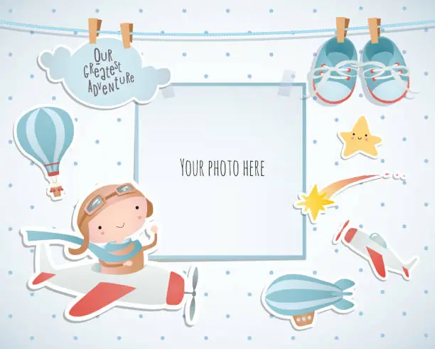 Vector illustration of Holiday card design with balloon and plane. Baby shower. Paper, scrapbook.