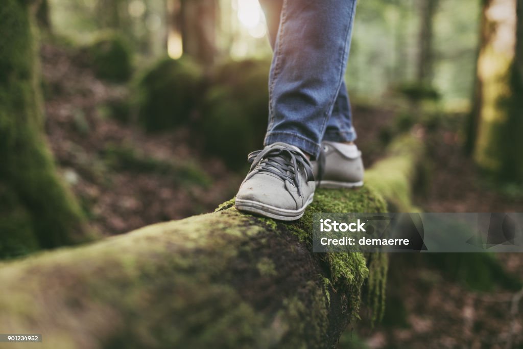 Mujer caminando sobre un tronco en el bosque - Foto de stock de Equilibrio libre de derechos