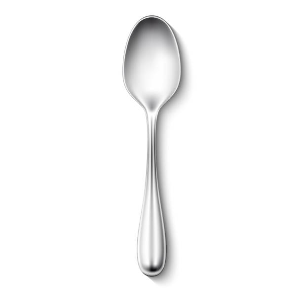Realistic vector spoon mockup isolated Vector realistic 3d spoon metal mockup. Stainless steel, silver teaspoon, tablespoon kitchenware, flatware. Isolated illustration on a white background ready for your design. teaspoon stock illustrations