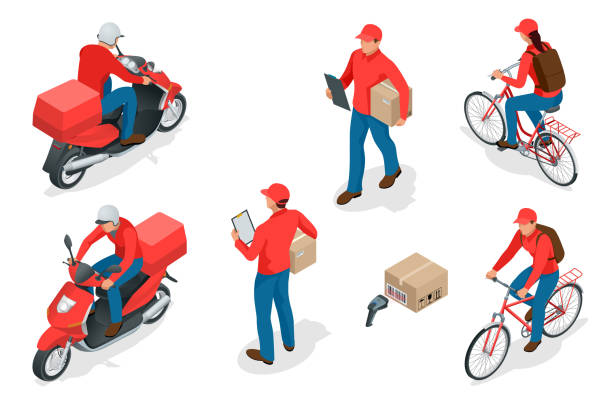 ilustraciones, imágenes clip art, dibujos animados e iconos de stock de parto de isometric servicio o mensajero concepto de servicio. los trabajadores de entrega o mensajero. ilustración de vector - motociclismo