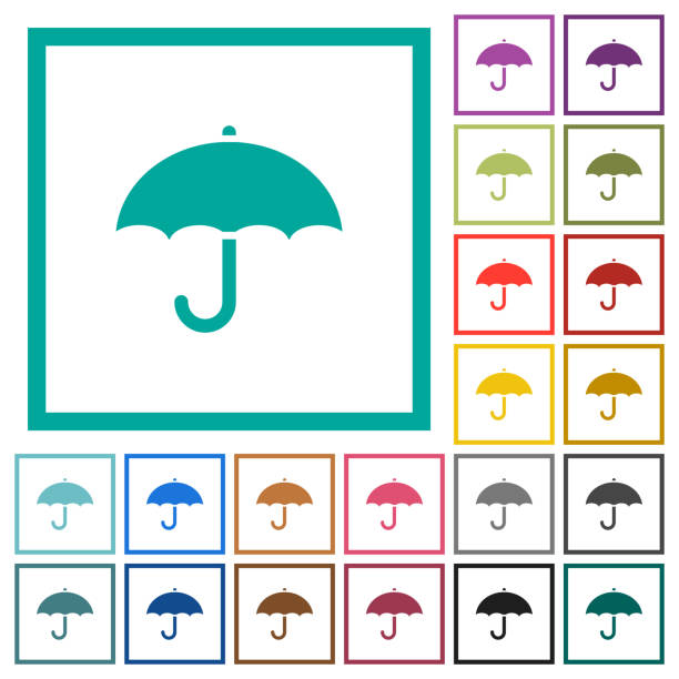 Umbrella flat color icons with quadrant frames Umbrella flat color icons with quadrant frames on white background aegis stock illustrations