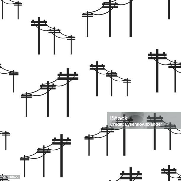 High Voltage Power Lines Seamless Pattern Background Business Flat Vector Illustration Electric Pole Symbol Pattern Stock Illustration - Download Image Now