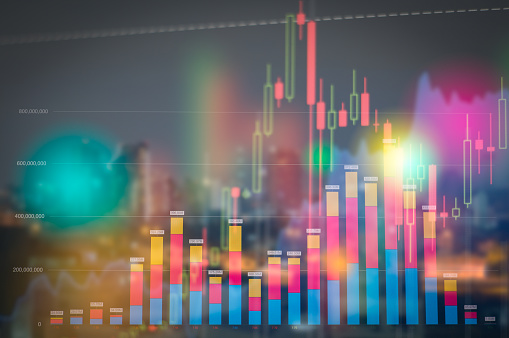 Stock market digital graph chart on LED display concept. A large display of daily stock market price and quotation. Indicator financial forex trade education background.