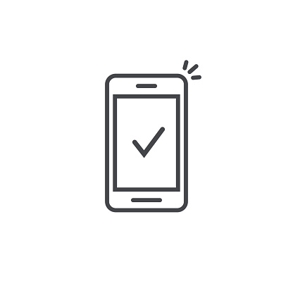 Smartphone and checkmark vector icon, line outline art mobile phone approved tick notification, successful updated check mark, accepted, complete action on cellphone, yes or positive vote