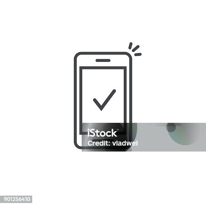 istock Smartphone and checkmark vector icon, line outline art mobile phone approved tick notification, successful update check mark, accepted, complete action on cellphone, yes or positive vote 901256410