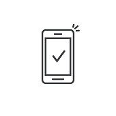istock Smartphone and checkmark vector icon, line outline art mobile phone approved tick notification, successful update check mark, accepted, complete action on cellphone, yes or positive vote 901256410