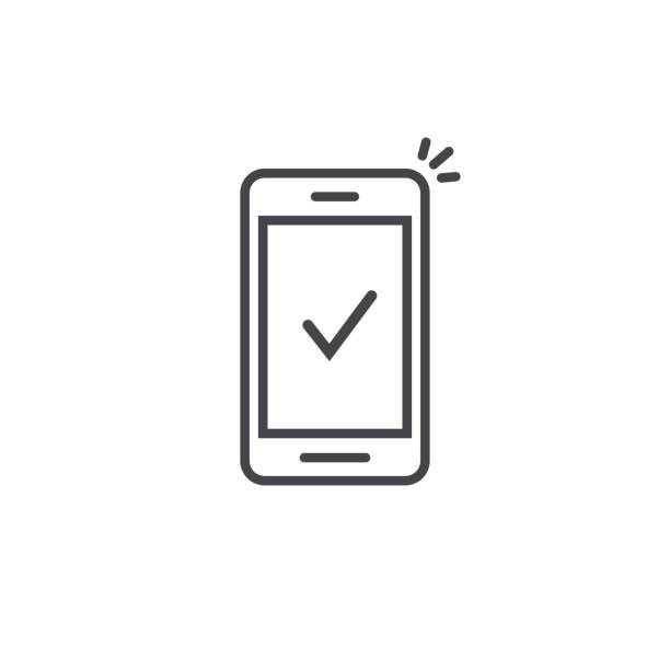 Smartphone and checkmark vector icon, line outline art mobile phone approved tick notification, successful update check mark, accepted, complete action on cellphone, yes or positive vote vector art illustration