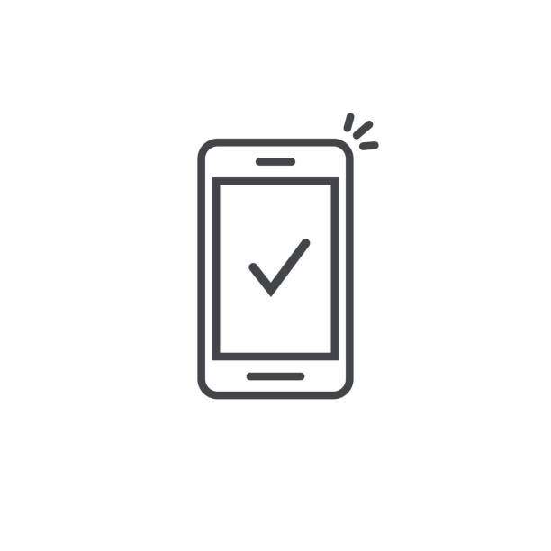 Smartphone and checkmark vector icon, line outline art mobile phone approved tick notification, successful update check mark, accepted, complete action on cellphone, yes or positive vote Smartphone and checkmark vector icon, line outline art mobile phone approved tick notification, successful updated check mark, accepted, complete action on cellphone, yes or positive vote portable information device stock illustrations