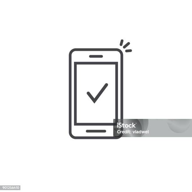 Smartphone And Checkmark Vector Icon Line Outline Art Mobile Phone Approved Tick Notification Successful Update Check Mark Accepted Complete Action On Cellphone Yes Or Positive Vote Stock Illustration - Download Image Now