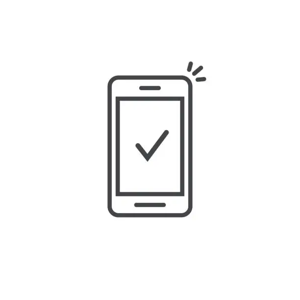 Vector illustration of Smartphone and checkmark vector icon, line outline art mobile phone approved tick notification, successful update check mark, accepted, complete action on cellphone, yes or positive vote