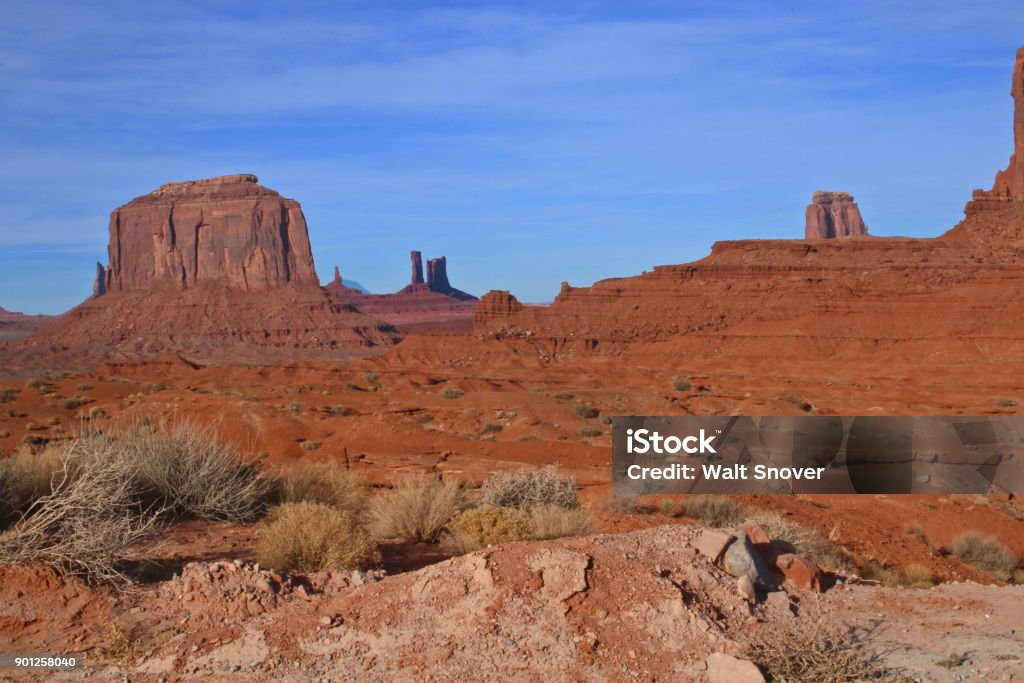 Monument Valley Splendor Near the Utah and Arizona border is the awe inspiring splendor of the Monument Valley Navajo Tribal Park. You will recognize the area immediately as the back drop settings for many famous Westerns filmed in the area where such stars as John Wayne, Gary Cooper, Clint Eastwood and Tom Hanks have appeared in movies with Monument Valley setting the landscape. With December temperatures in the 50's on this visit, it proved to be an ideal crisp, clear day to photography the beauty of this area. Arizona Stock Photo