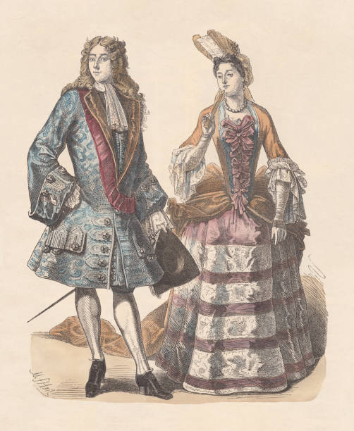 프랑스 귀족, 18 세기 초, 손 색 나무 조각, 출판 c.1880 - luxury women wealth baroque style stock illustrations
