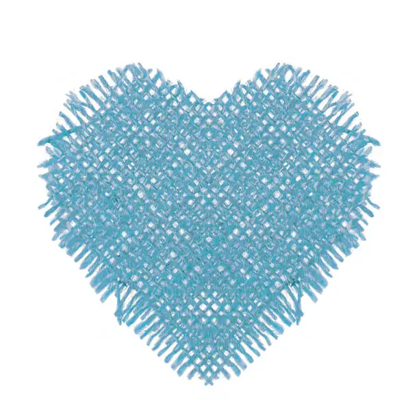 Light blue linen vintage textile heart with torn edges isolated white  love and valentines