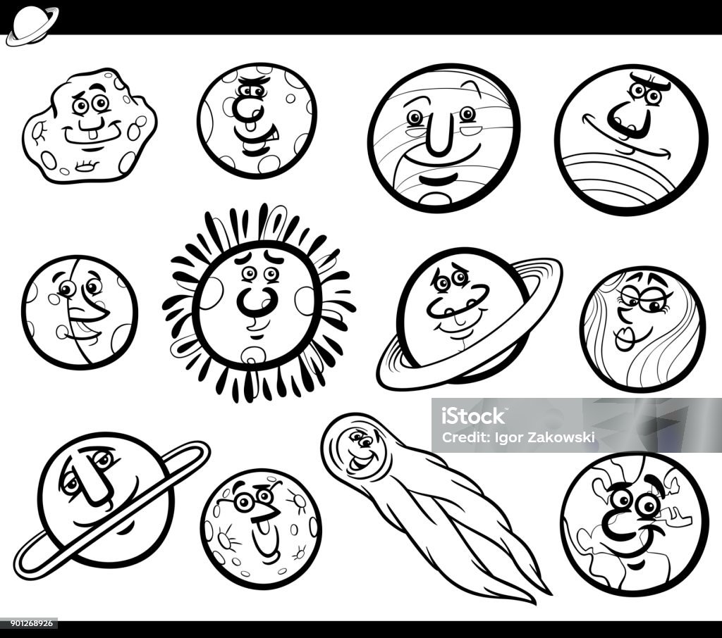 Planets Cartoon Characters Set coloring book Black and White Cartoon Illustration of Funny Orbs and Planets from Solar System Space Comic Characters Coloring Book Coloring stock vector